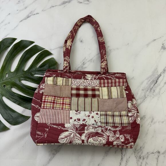 Americana Sharif Vintage 90s Quitled Tote Bag Purse Red Cream Patchwork Floral - Picture 1 of 9